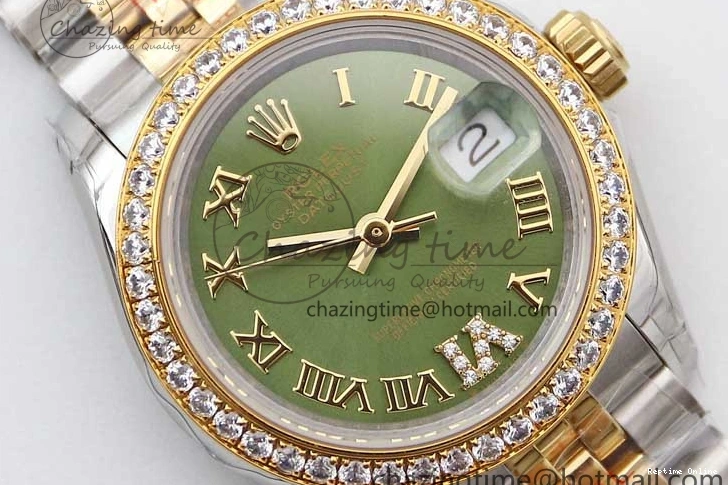 1219 Bright Lady DateJust 28 SS YG TWF Diamonds Bezel 1:1 Best Edition Green Dial Roman Markers on Jubilee Bracelet NH 2135